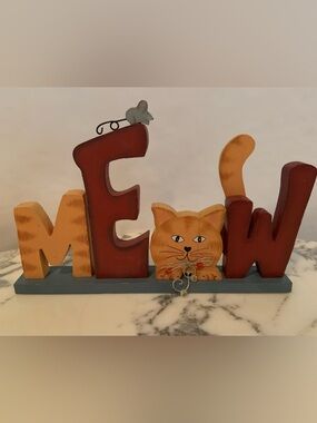 Vintage Hand Painted Wood “MEOW” Cat Sign Shelf Sitter Whimsical Folk Art